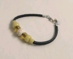Bracelet Yellow Glass & Bone Beads, Leather Cord, Beads Made By Native Americans