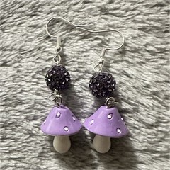 Handcrafted Purple White Mushroom Dangle Earrings Hook Nature Theme