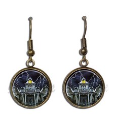 Spooky Haunted House Halloween Fun – Handmade Round Resin Dangling Earrings 16mm