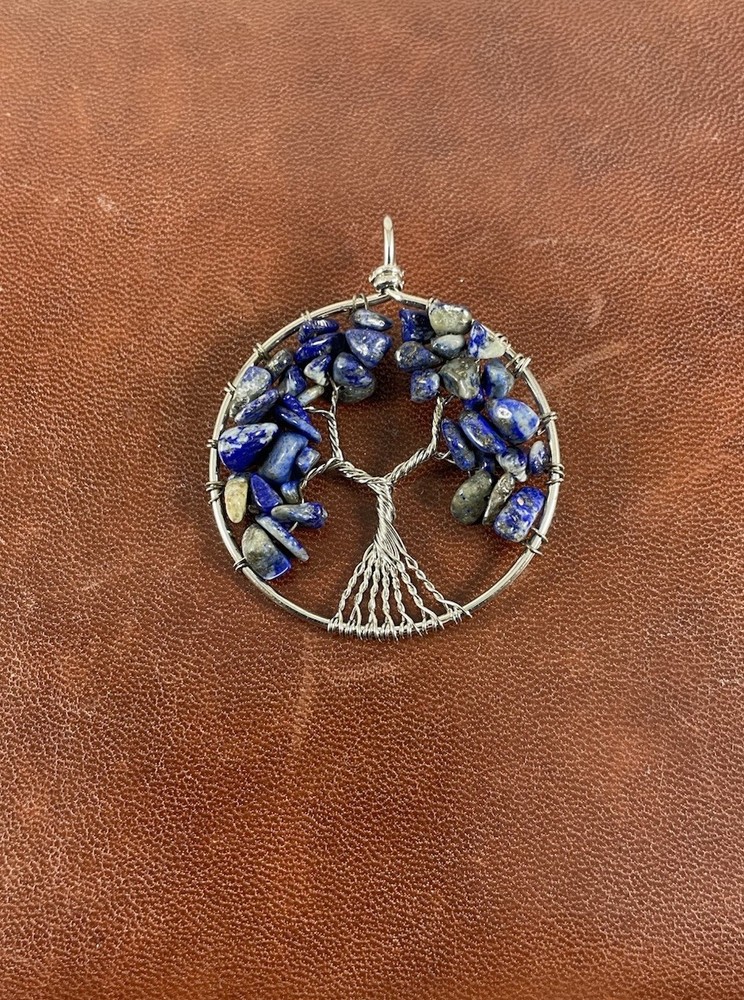 Hand-crafted Wire Wrapped Lapis Lazuli Tree of Life Pendant Silvertone & Blue