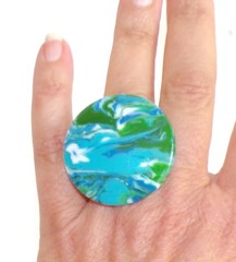 Sobral Gorky Bead Night Blue, Green & White Artist Made Statement Ring Size 7