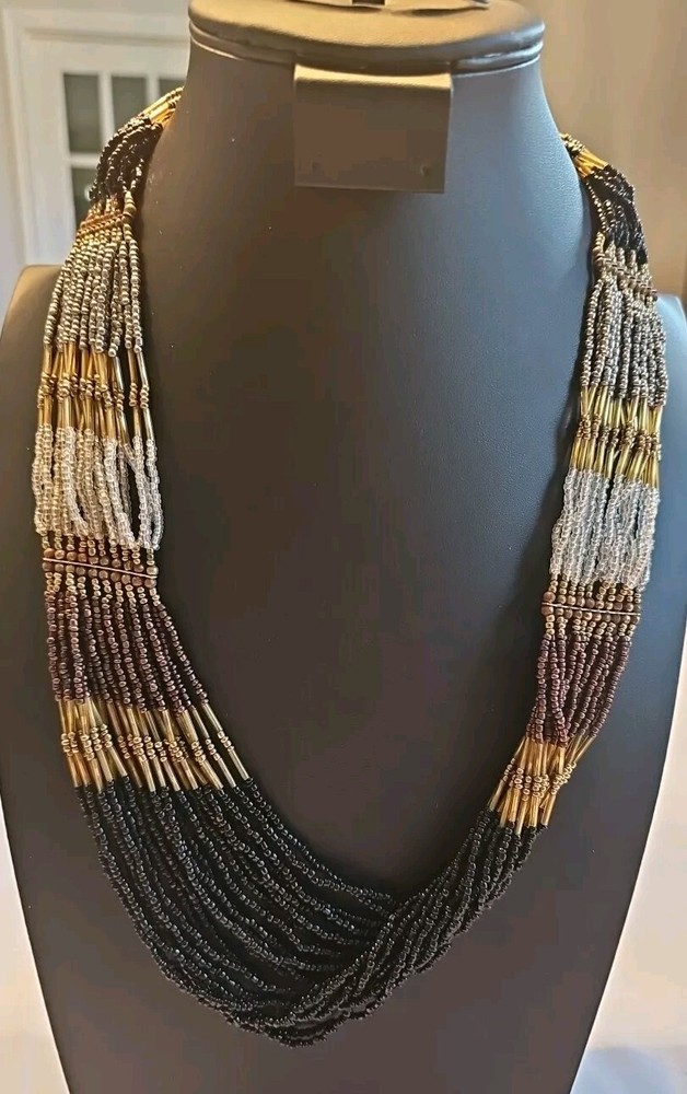 Handmade Beaded Multi-Strand Necklace and Bracelet Black Gold Brown from Bali