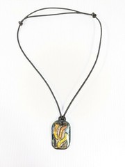 Artisan Yellow Orange Black Dichroic Glass Rectangle Pendant Cord Necklace 22 in