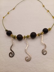 Vintage Boho BeadedCordNecklace W/ Metal Scroll Design Drops&Unikite,Glass Beads