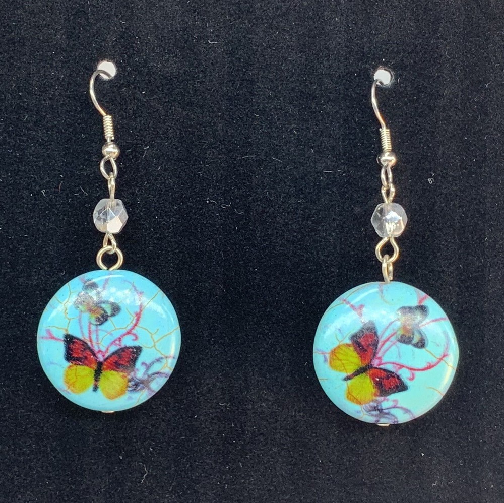 HANDCRAFTED BUTTERFLY PATTERN CYAN COLORED ROUND DROP EARRING Light Blue Color