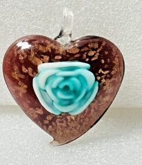 Turquoise Floral Blown Glass Heart Pendant with Gold Sparkles 2.25 in