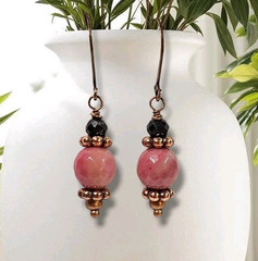 Pink Rhodonite & Black Tourmaline Gemstone Earrings Antique Copper Dangle