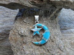 Crescent Moon Star Sterling Silver 925 Turquoise Gemstone & Opal Pendant NEW D40