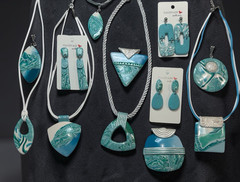 Handmade White Blue & Green Polymer Clay Large Pendant Necklace 18″ on Cord SS