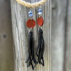 Leather Tassel Earrings – Black with Blue Spot Jasper