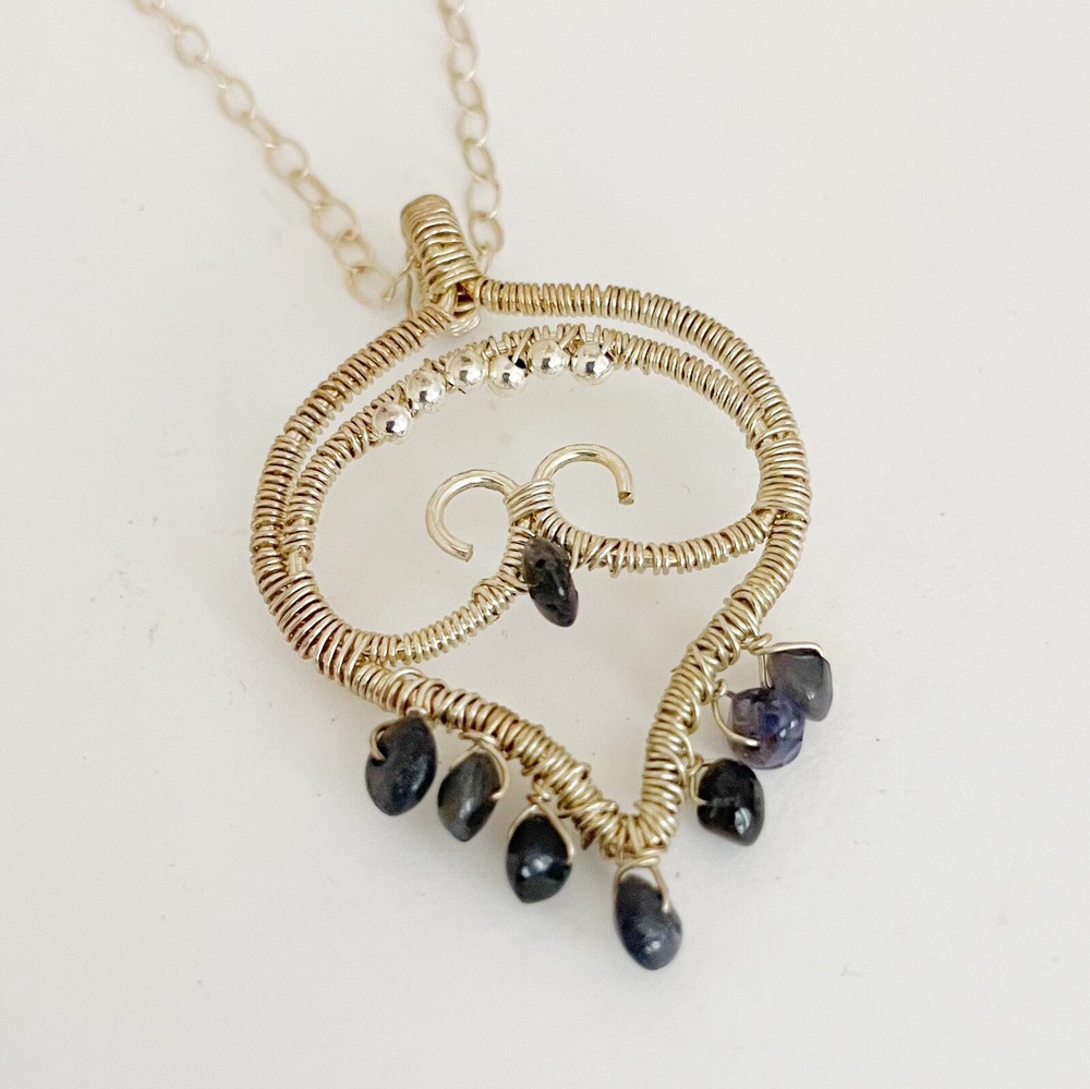Wire Wrapped pendant Necklace Sterling Silver Dark Purple Beaded Wire Wrapped