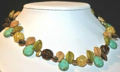 BEAUTIFUL STERLING SILVER LEAF GLASS & TURQUOISE NECKLACE FALL COLORS BROWN TAN