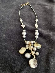 Grey Glass Faux Pearls, Seed Bead, Mother Of Pearl Dangling Necklace Handmade