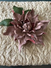 Handmade Pink Leather Flower with Green Leaves Brooch