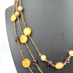 Golden Yellow Brown Mother of Pearl Seed Bead 3 Multi Strand Necklace 18″