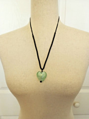Vintage Green Murano Glass Heart Pendant Black Cord Necklace Adjustable