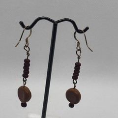 Moon Face Long Dangle Earrings Brown Clay Bead Boho Artisan Jewelry