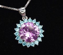 Round Pink Tourmaline Necklace – Aquamarine Halo Sunflower Style – 4 CT Pink