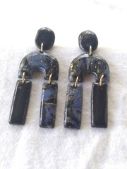 Handcrafted Polymer Clay Resin Gold Dangle Oval Stud Earrings Blue Black Marble