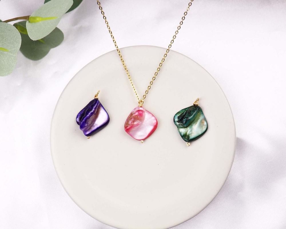 Natural Shell Pendant Necklace, Green Pink Blue Shell, Gold Chain Necklace
