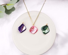 Natural Shell Pendant Necklace, Green Pink Blue Shell, Gold Chain Necklace