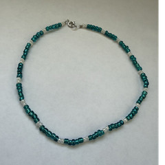 Beaded Glass Necklace Teal and White Spring Ring Clasp
