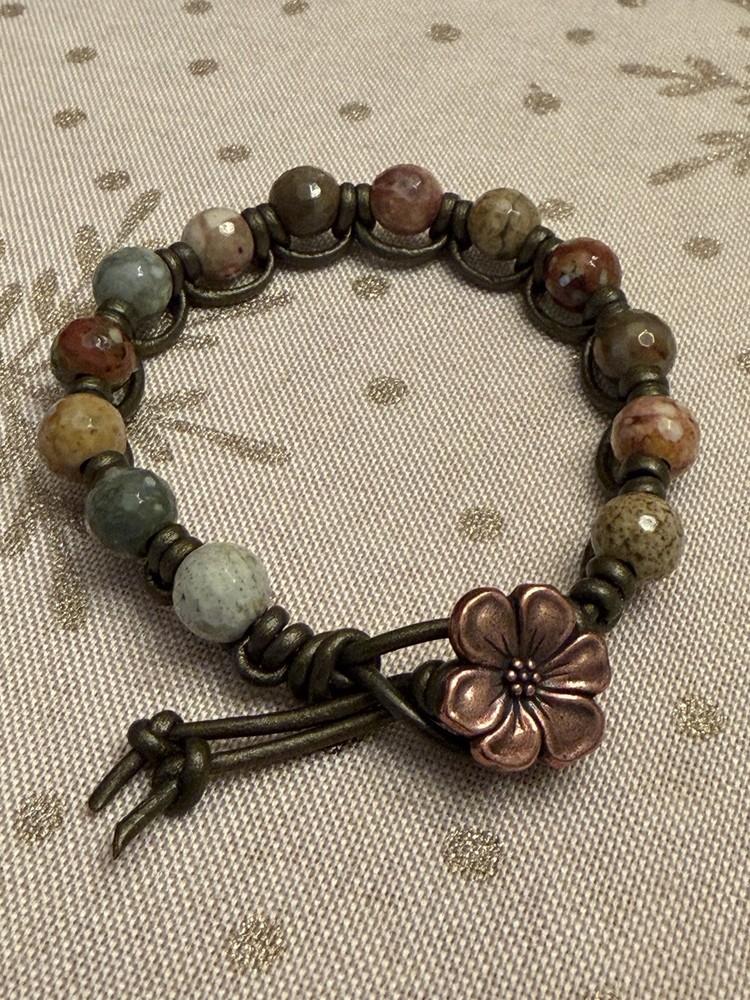Rustic Gemstone And Leather Hand knotted Bracelet, 6.75”