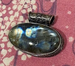 Handmade Sterling Silver Labradorite Pendant with Ornate Filigree Border 2in