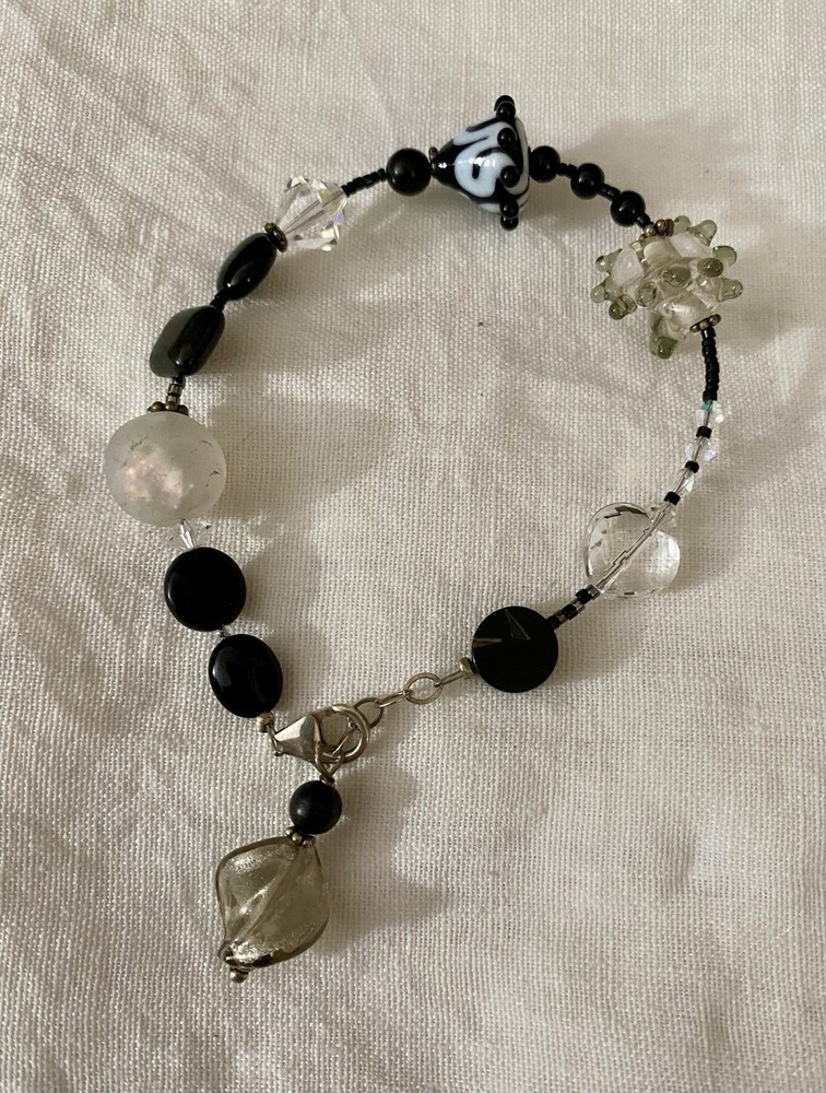 Gorgeous Artisan Lampwork Beaded Bracelet In Black And White Adjustable To 9”