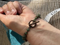 Green Serpentine Jasper Beaded Bracelet Copper Toggle Clasp Moss Matrix 8.25″