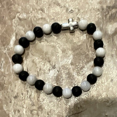 Black & White Beaded Stretch Bracelet, Slip-On Ball/Bead Chain, Unisex