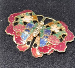 Gold Enameled Butterfly Brooch Pin Filigree Cloisonne Enamel Art 2 1/2″ Vintage