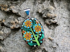 Flower Mosaic Micro Inlay Gemstone Fire Opal Sterling Silver 925 Pendant AG26
