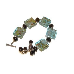 Green Murano Square Glass Bead and Black Stone Beaded Bracelet