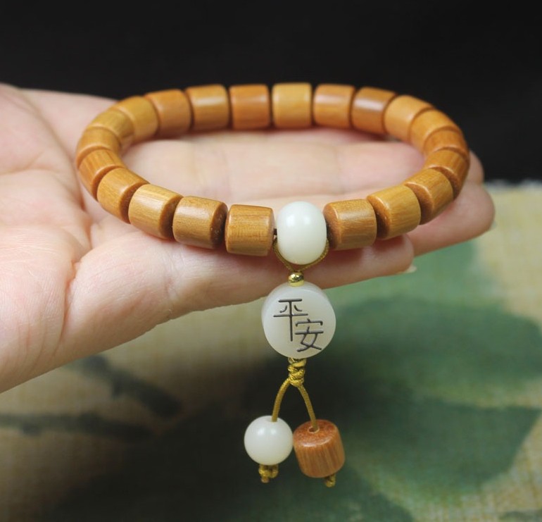 Barbie Sandalwood 8mm Bracelet with White Jade Bodhi Tassel Yoga Bracelet
