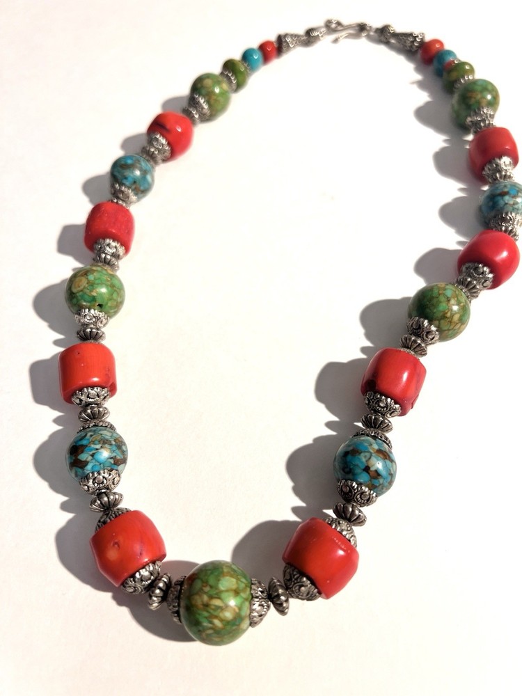 Moroccan EthnicNatural Red CORAL Bead & Turquoise Bead Necklace W Silver Spacers