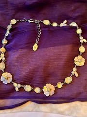 Mother of Pearl Flower, Rhinestone Choker Necklace, Silver-Tone Floral Statement