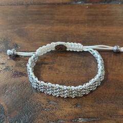 Adjustable White Cord Beaded Charm Bracelet with Silver Accents, Bohemian Style