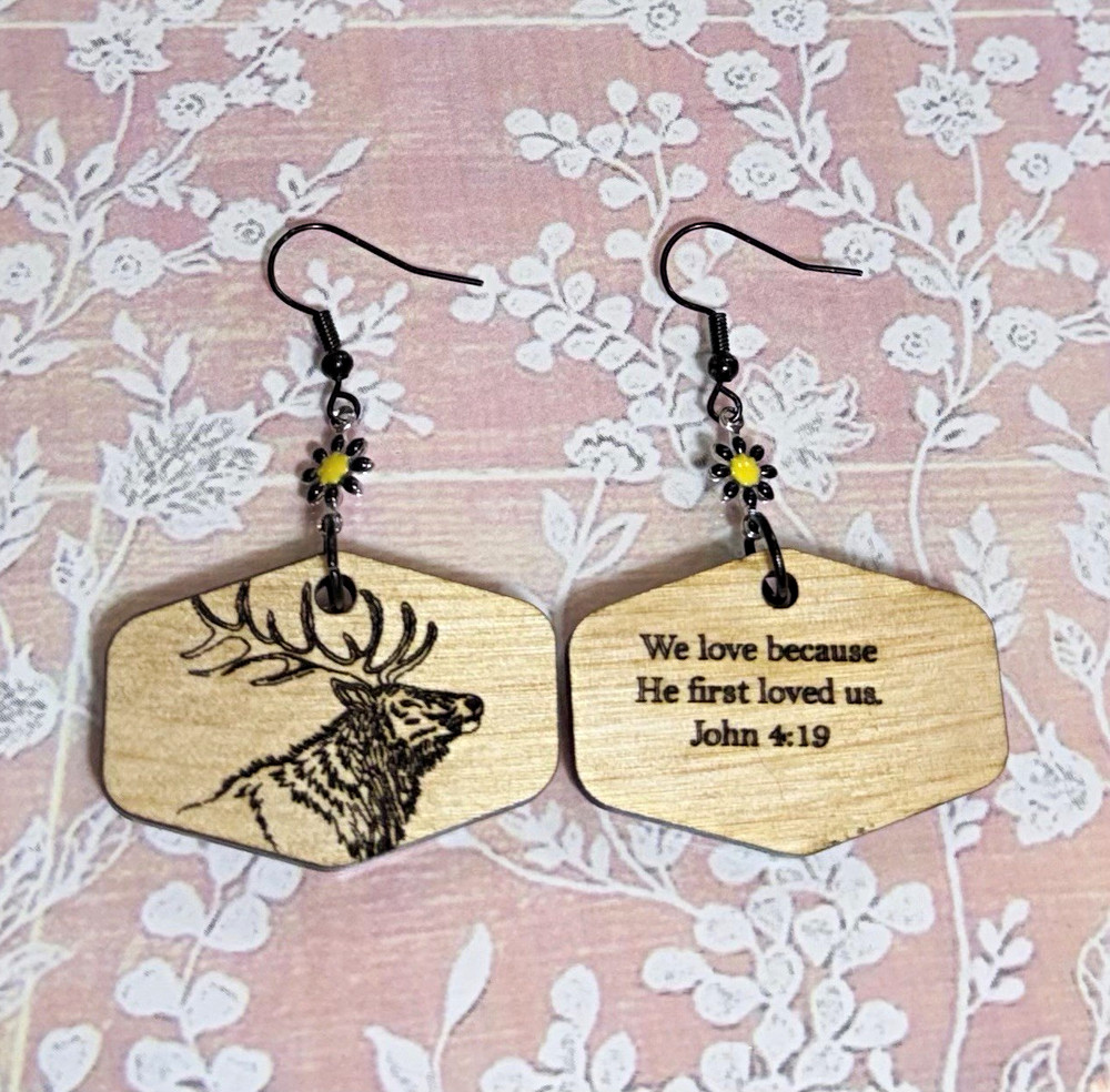 Hardwood Engraved Elk Dangle stainless steel Earrings John 4:19