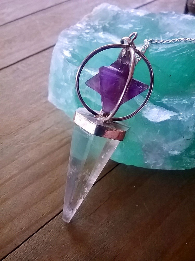 AMETHYST MERKABA Necklace, Spinning AMETHYST Pendant With CRYSTAL Point