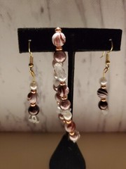 Handmade Gold Earrings And Bracelet Brown Beads, Gems And White Very Pretty