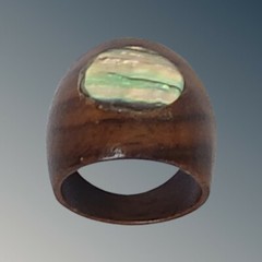 Polished Brown Stained Wood Ring Round Abalone Inset Size 7 1/2