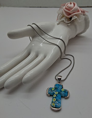 Millefiori Murano Alan K Blue Cross Necklace 18″ Stainless Snake Chain Signed