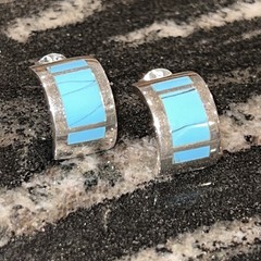 Sterling 925 Silver & Turquoise Half Hoop Earrings Thailand SU Pierced Post Back