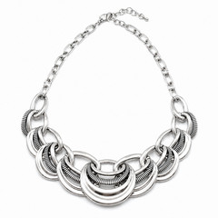 Silver Layered Crescent Links Statement Necklace Bold Antiqued Fashion Jewelry