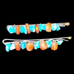 2 Vintage Turquoise Spiny Oyster Shell Nugget Hair Clips Bobby Pins Southwest