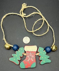 Vintage Wooden Necklace Stocking Christmas Painted Beaded Holiday 25″ Bells Jute