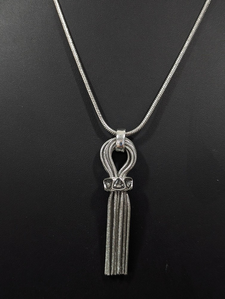 Talbots Silver Tone Chain Tassel Gray Rhinestone Long Necklace Chic 34 in