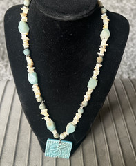 Artisan Beaded Necklace Blue Dragonfly Ceramic Tile Pendant Blue Stones & Shells