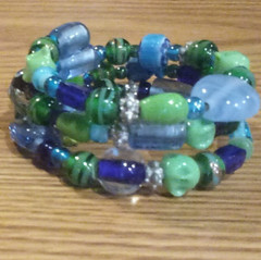 Blue& Green Glass Bead Memory Wire Bracelet